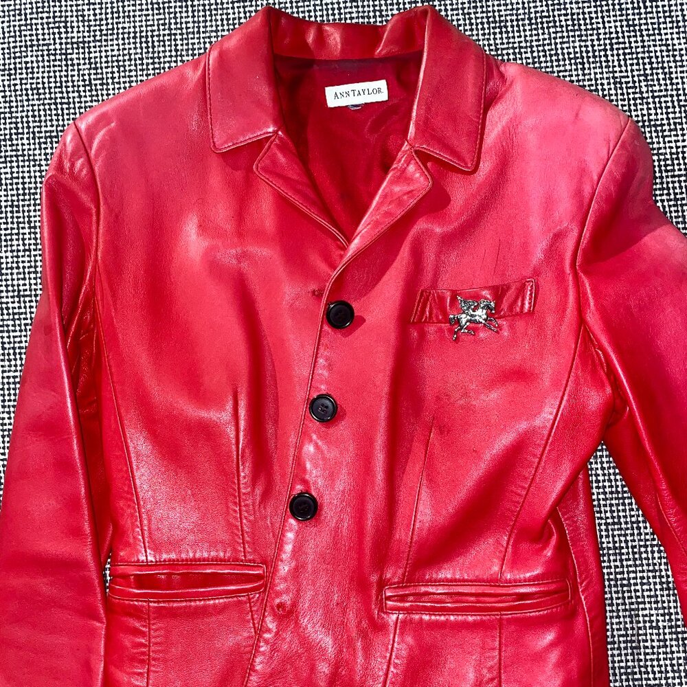 Classic Ann Taylor 1990's Vintage 3-Button Red Leather Blazer Size Small